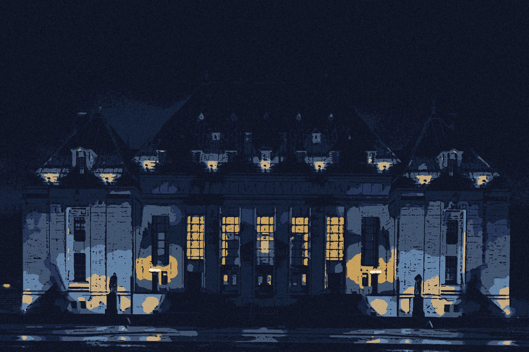 La Cour suprême du Canada, à Ottawa, la nuit, dessinée à l’encre.