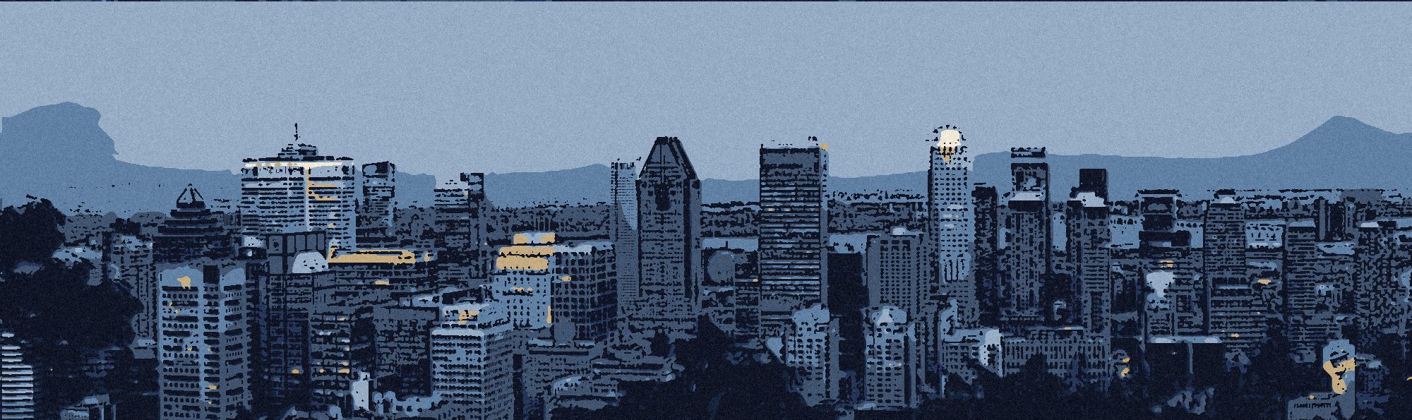 Le centre-ville de Montréal au crépuscule, dessiné à l’encre.