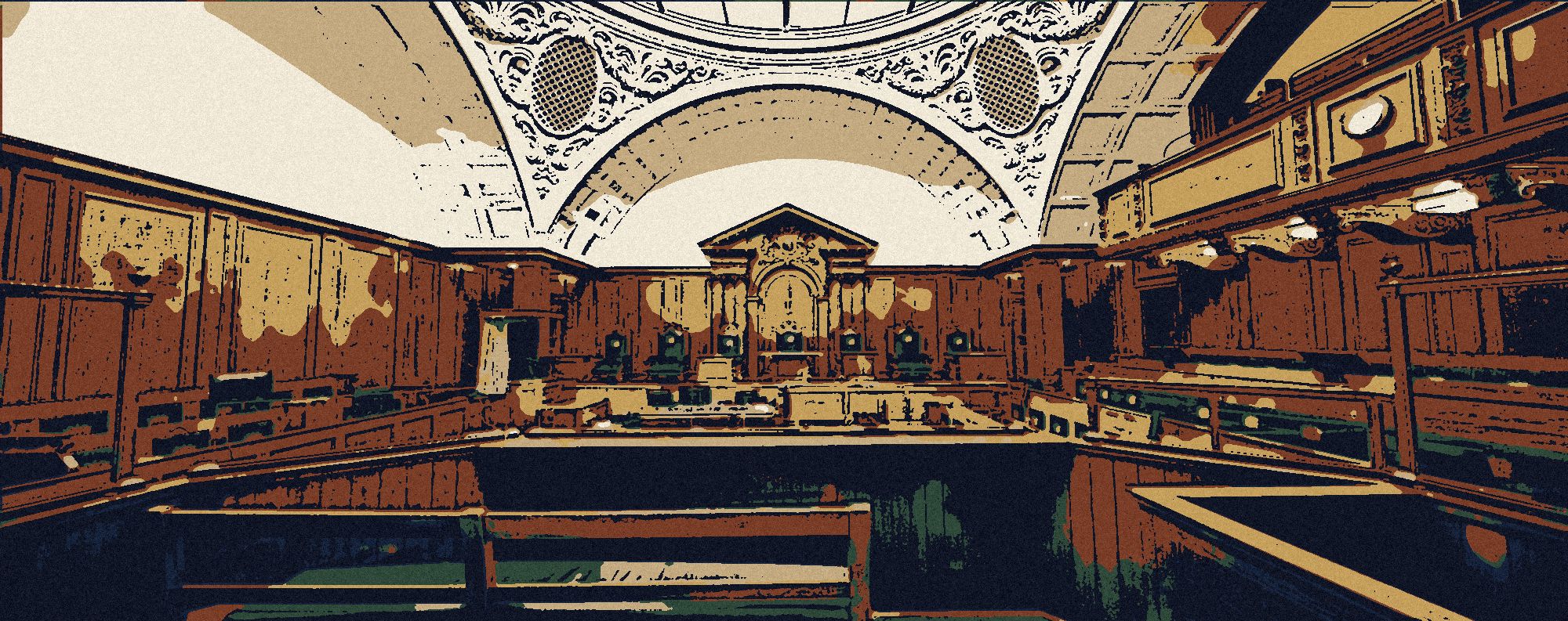 Une salle d’audience vide, lambrissée de bois, dessinée à l’encre.