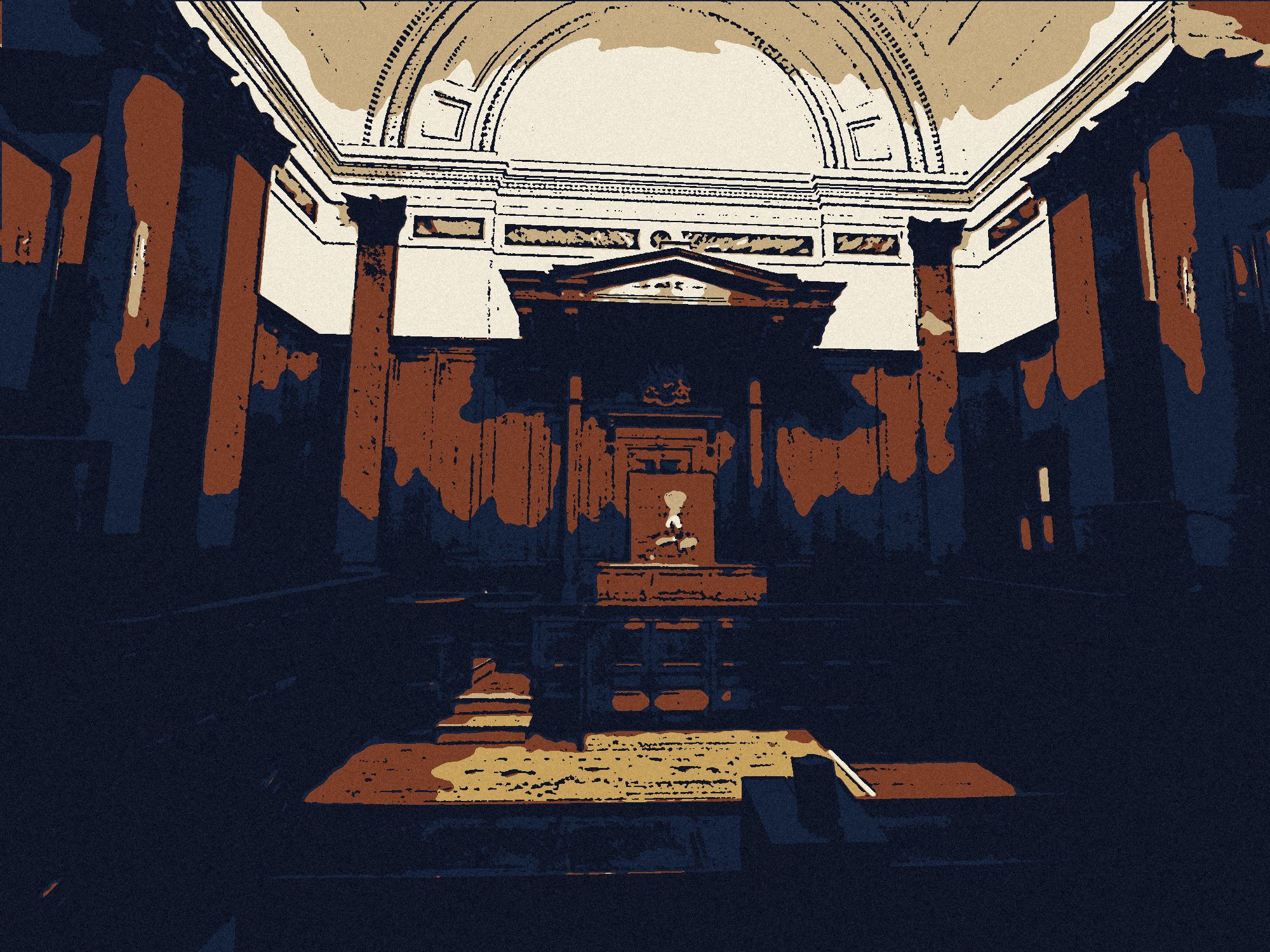An empty courtroom with dark wood columns, drawn in ink.